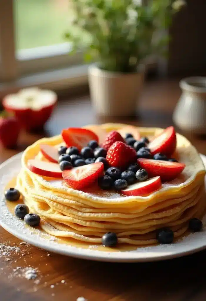 Crêpes garnies de fraises et myrtilles fraîches.