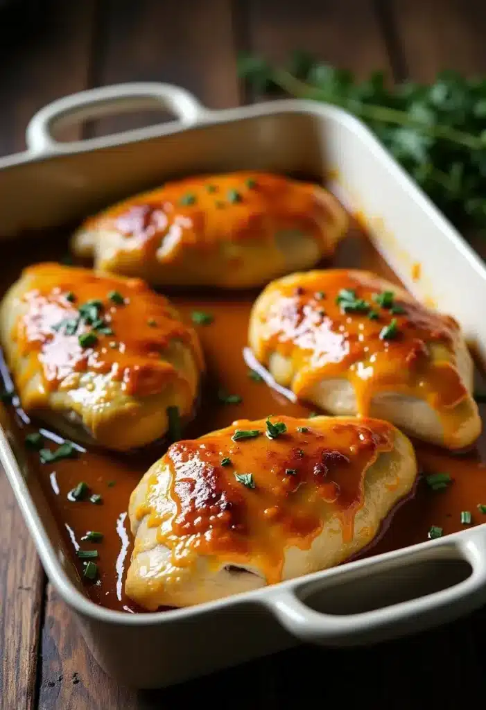 Poulet rôti au four avec sauce et herbes.