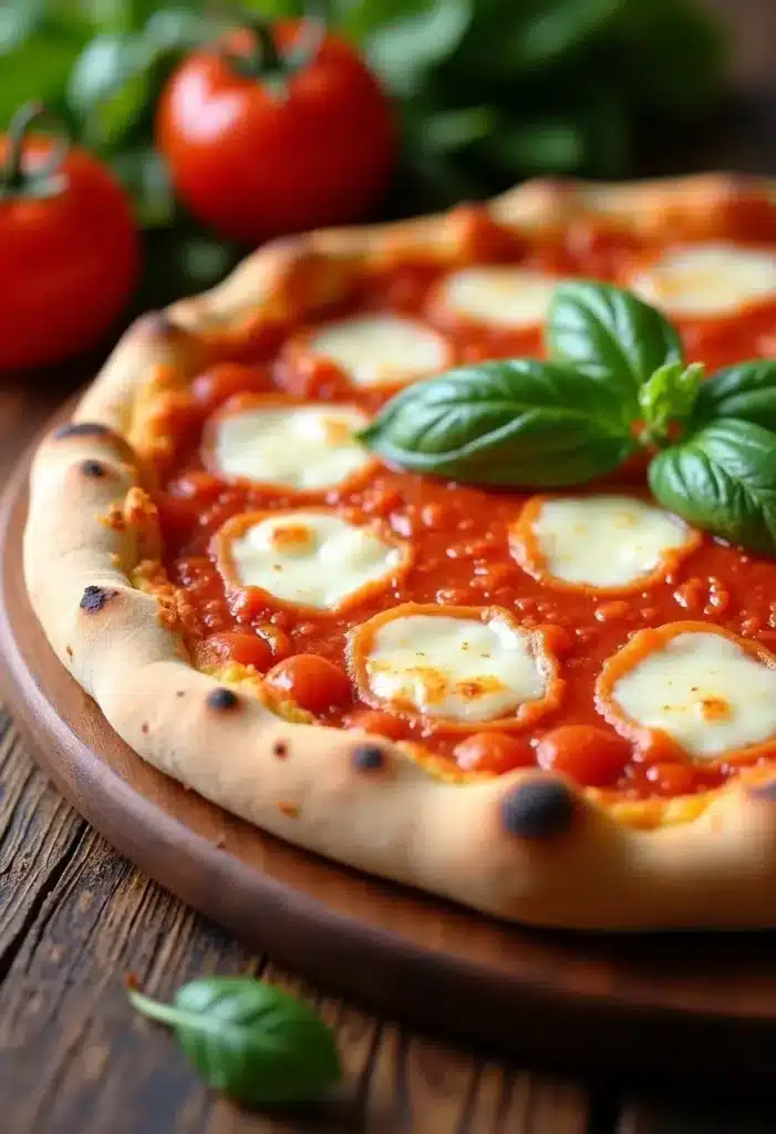 Pizza margherita avec basilic frais sur croûte dorée.