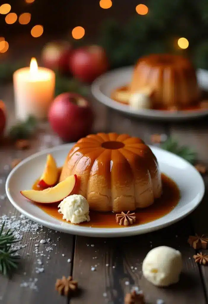 Flan caramel avec pommes et glace