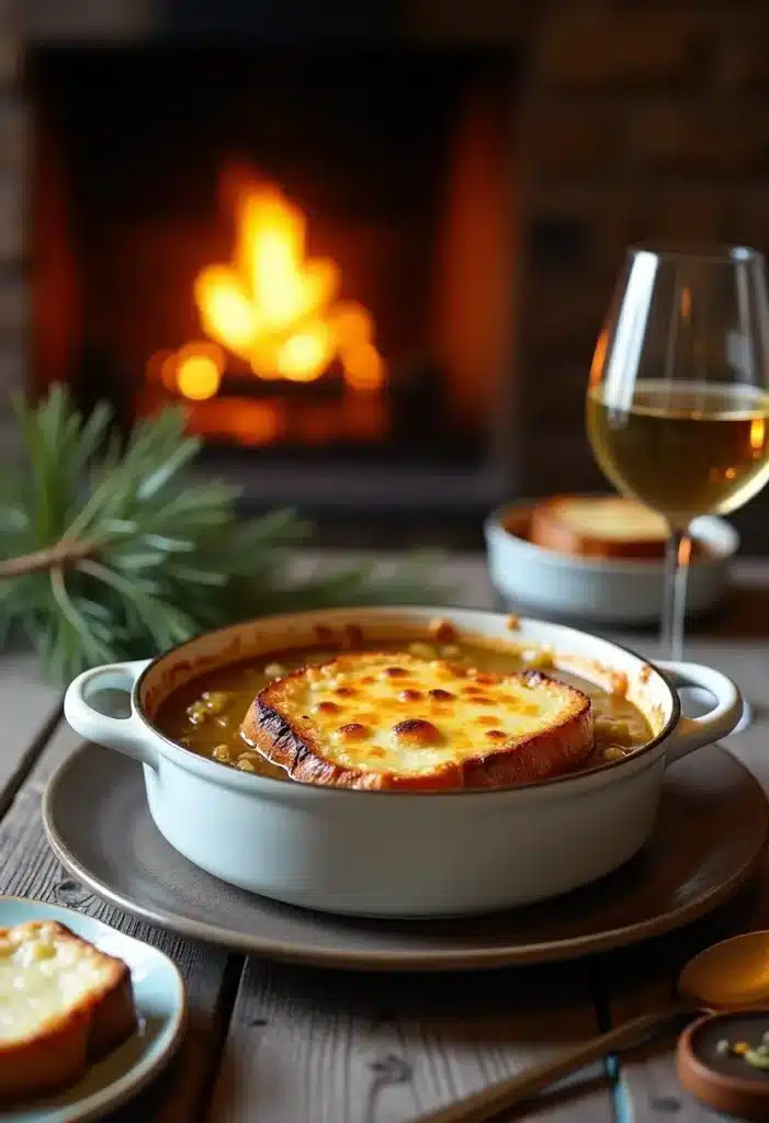 Soupe à l'oignon gratinée devant cheminée allumée.