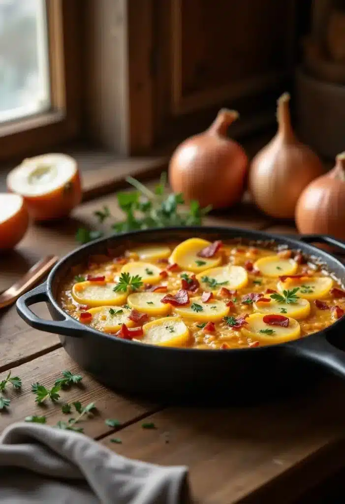 Casserole de pommes de terre au bacon et persil.