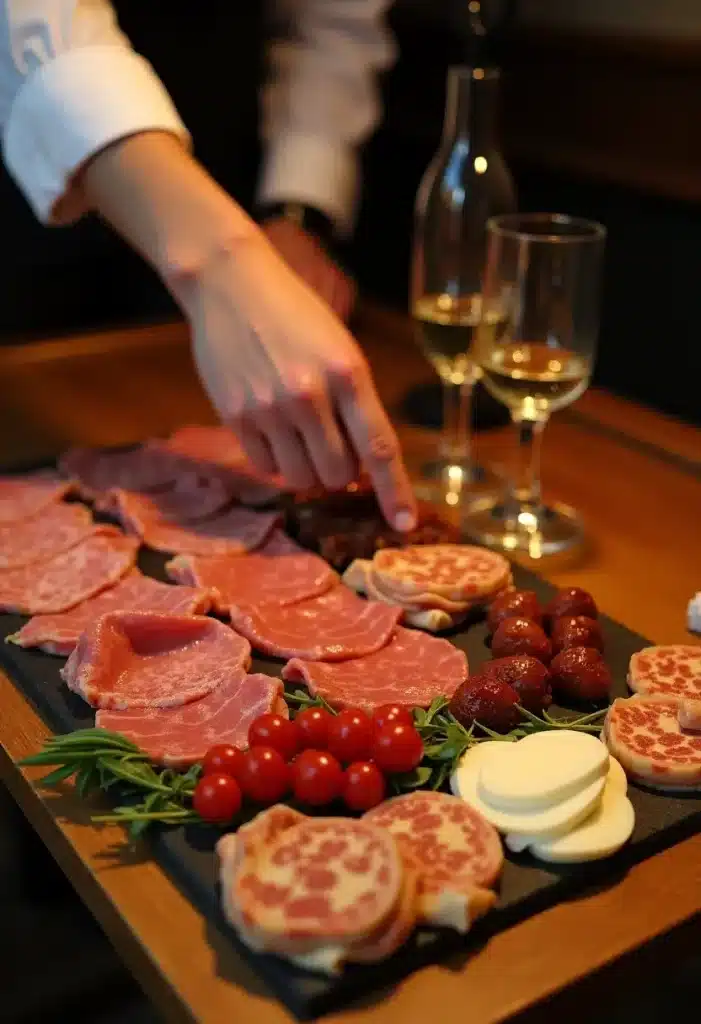 Plateau de charcuterie avec vin blanc.