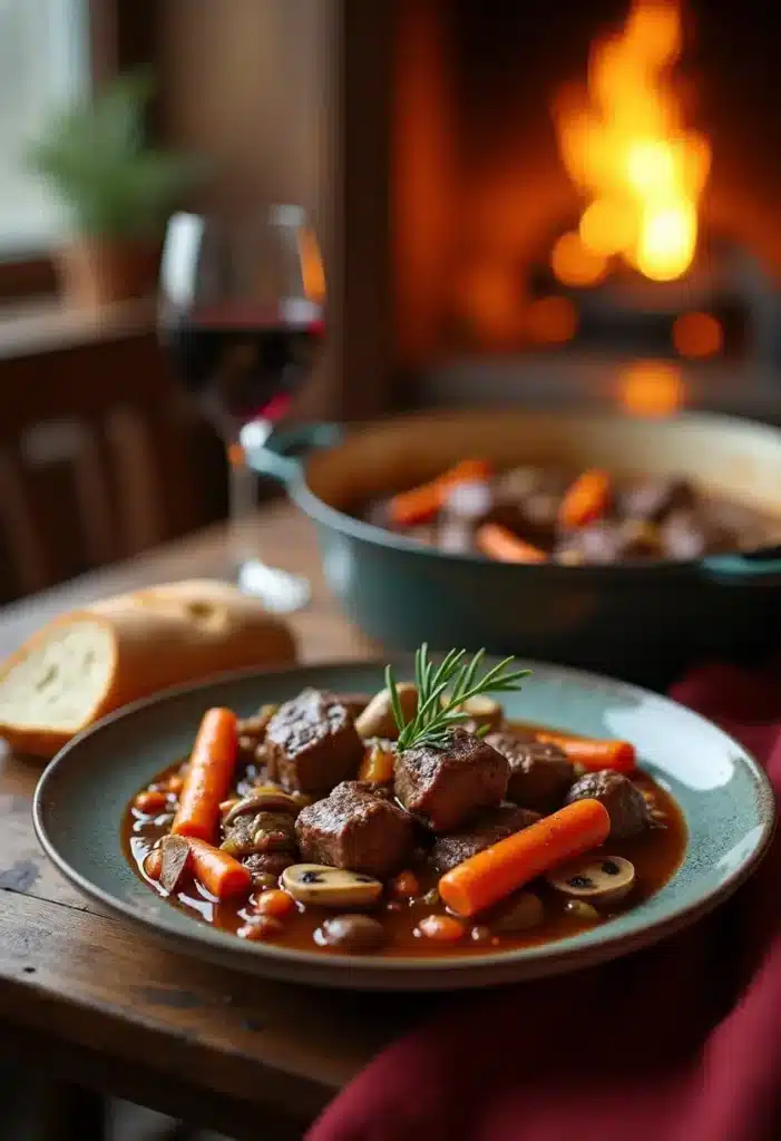 Bœuf bourguignon devant cheminée avec vin rouge.