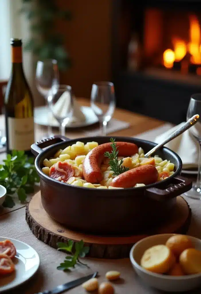 Plat hivernal avec saucisses, pommes de terre et vin.