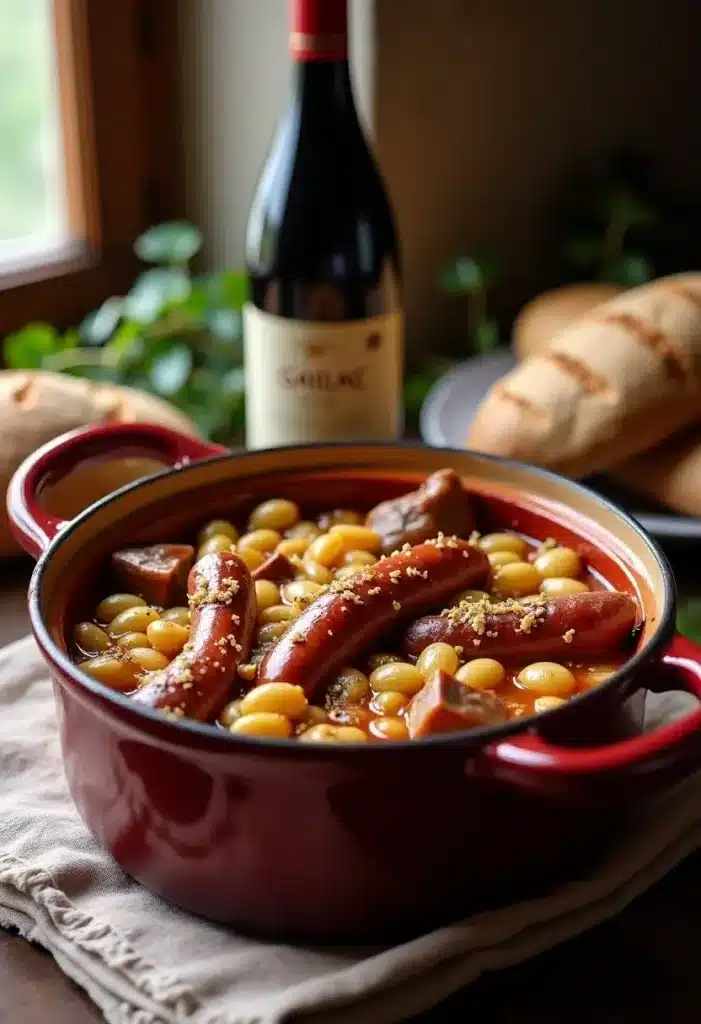 Cassoulet avec saucisses et haricots, pain et vin.