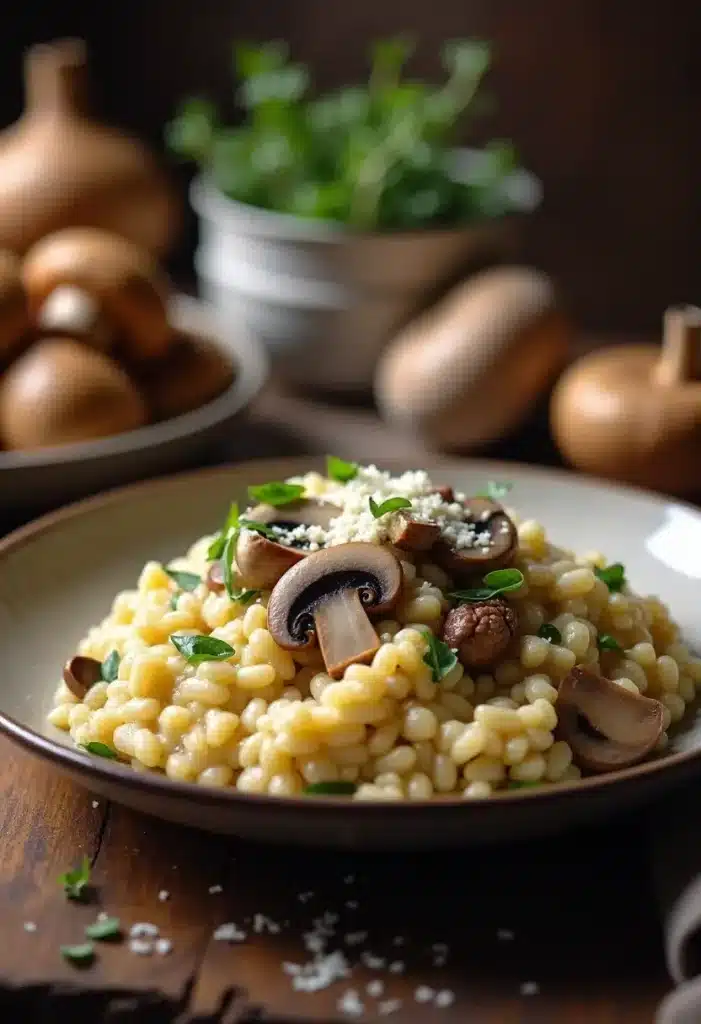 Plat de pâtes aux champignons et herbes fraîches