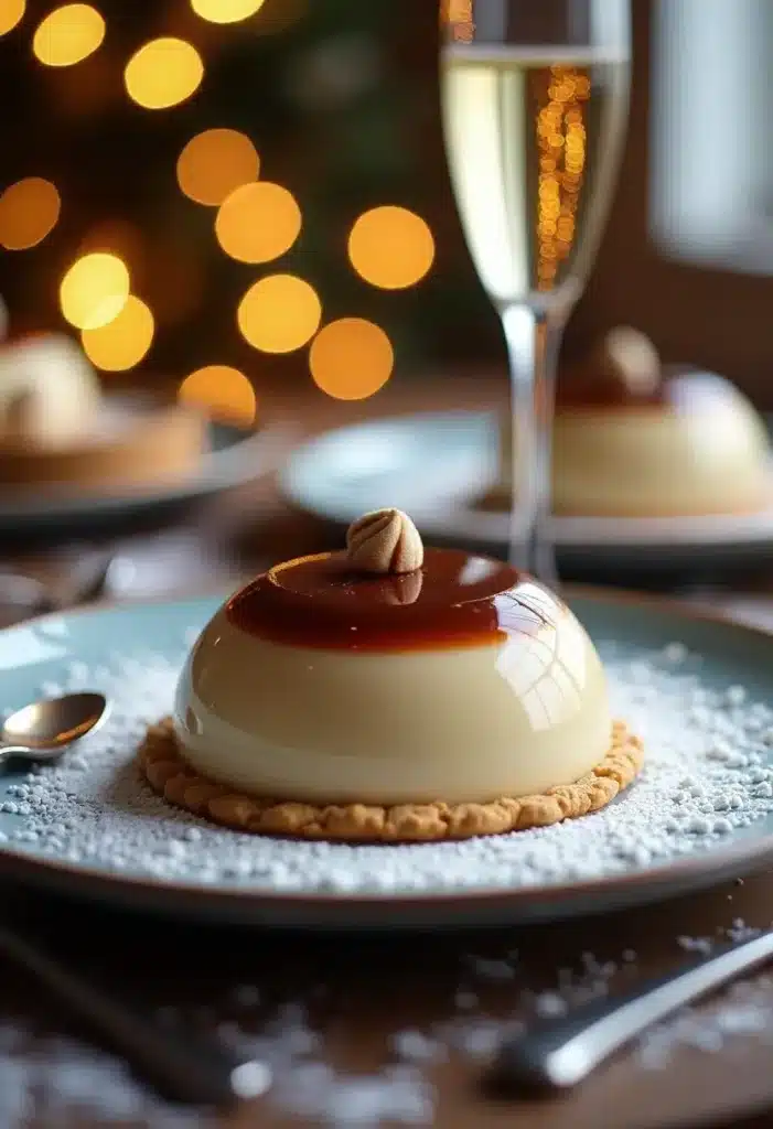 Dessert élégant avec coupe de champagne en arrière-plan.