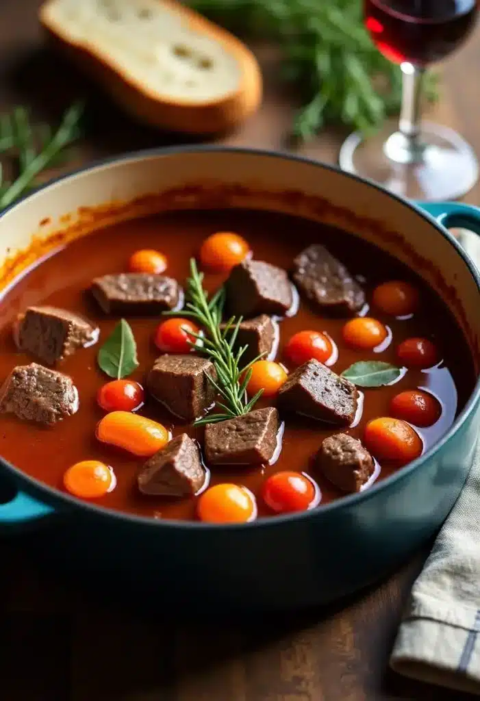 Boeuf bourguignon avec herbes et tomates cerises.