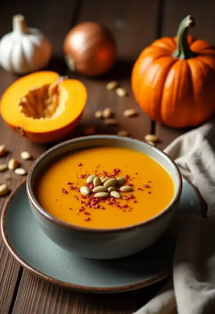 Soupe de potiron garnie de graines et épices.