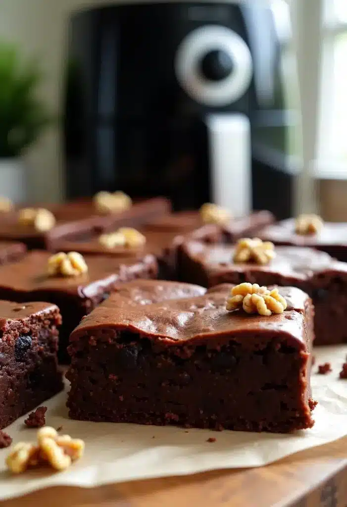 Brownies au chocolat avec noix en décoration.