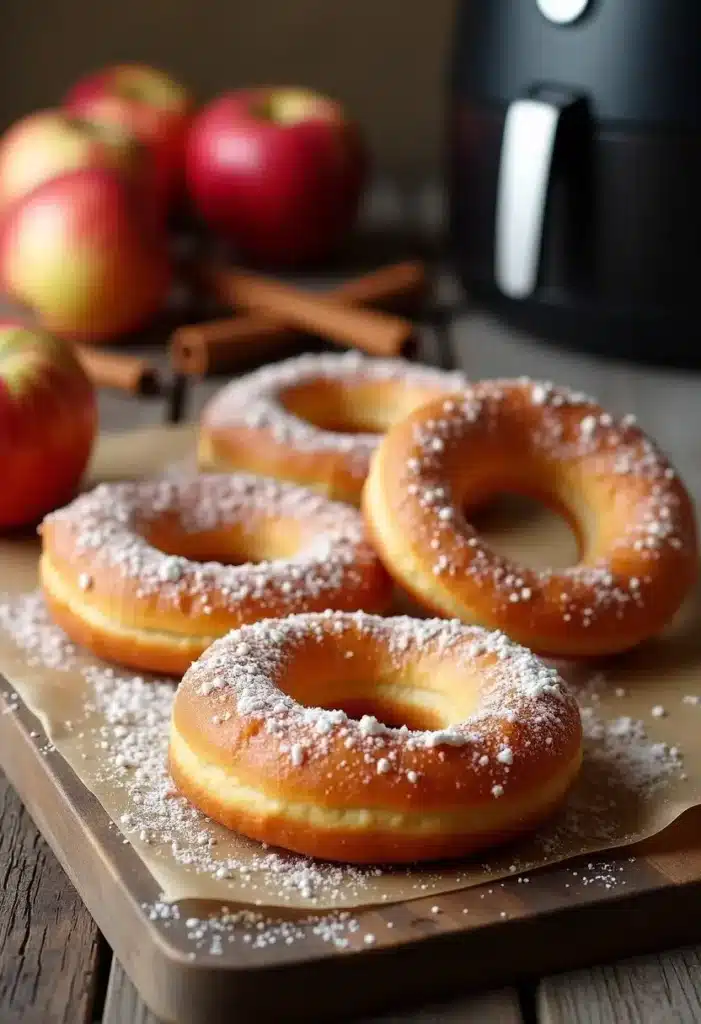 Donuts dorés saupoudrés de sucre glace.