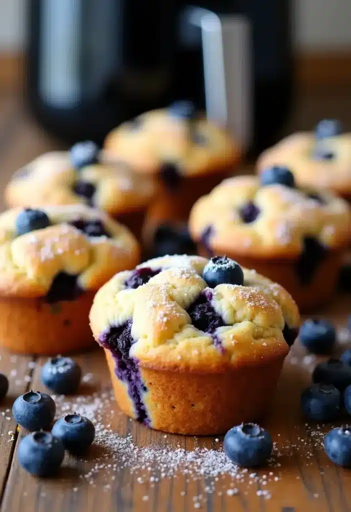 Muffins aux myrtilles et sucre glace sur table.