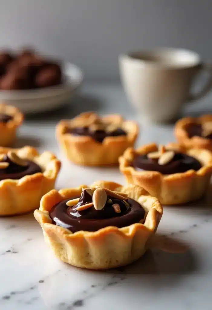 Tartes au chocolat et amandes sur table.