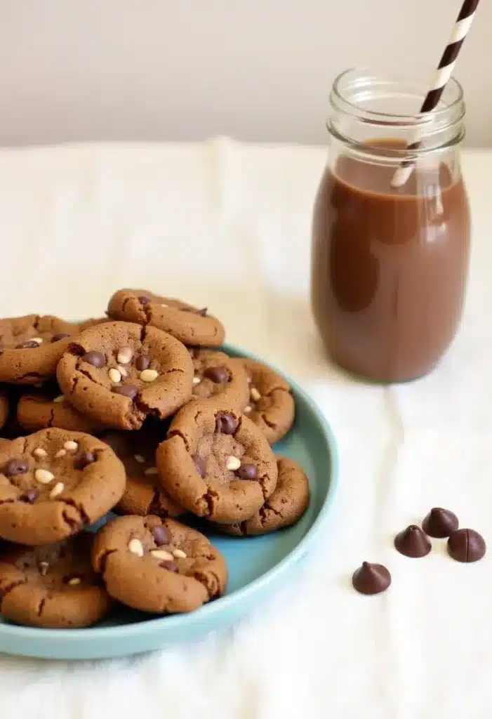 Cookies chocolat assiette bleu et lait chocolaté