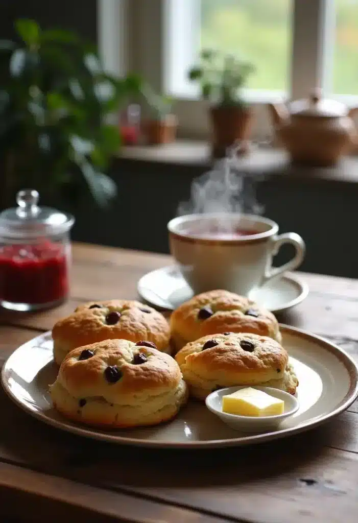 Scones aux raisins avec thé fumant et beurre