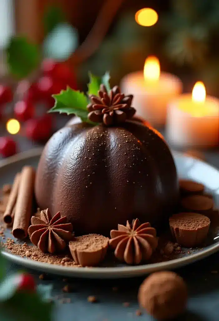 Dessert chocolaté avec cannelle et ambiance festive.