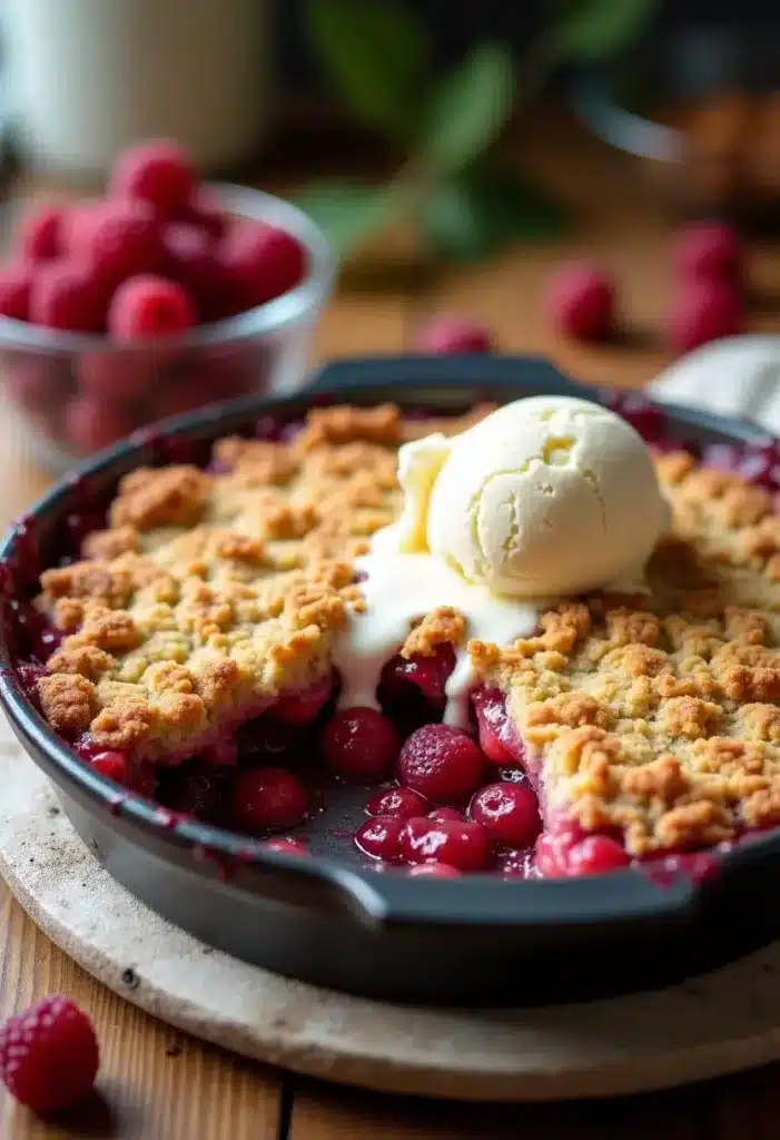Crumble framboise avec glace vanille.