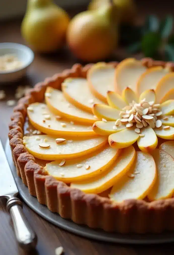 Tarte aux poires avec amandes effilées.