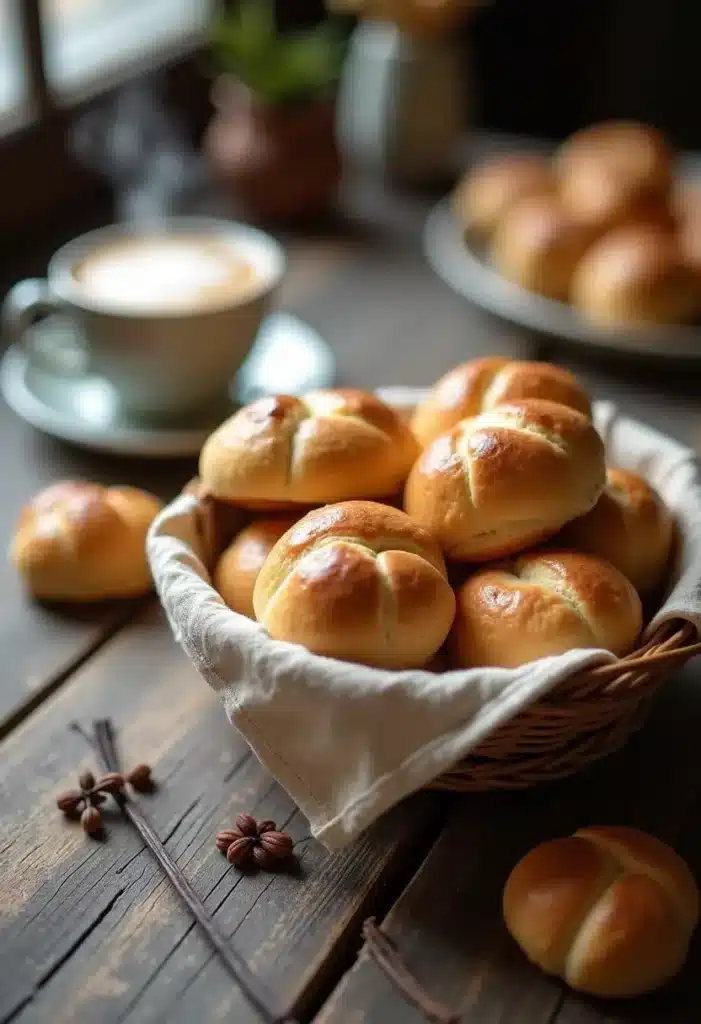 Panier de petits pains avec café.