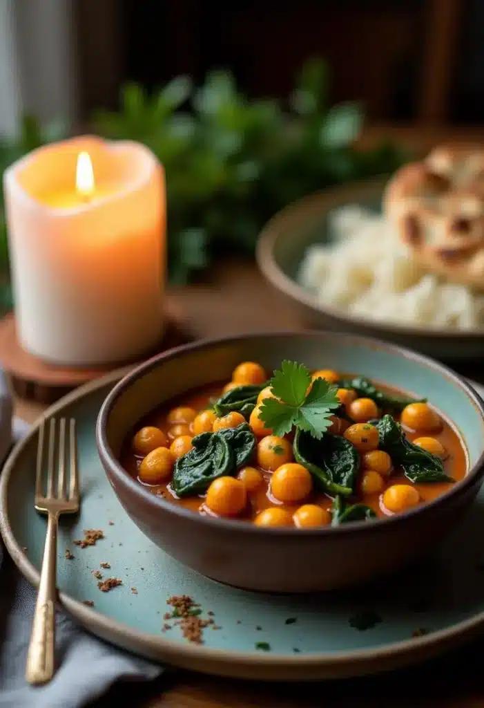 Curry épicé de pois chiches aux épinards.