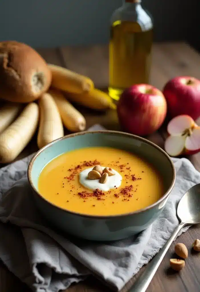 Soupe de courge avec pommes et amandes.
