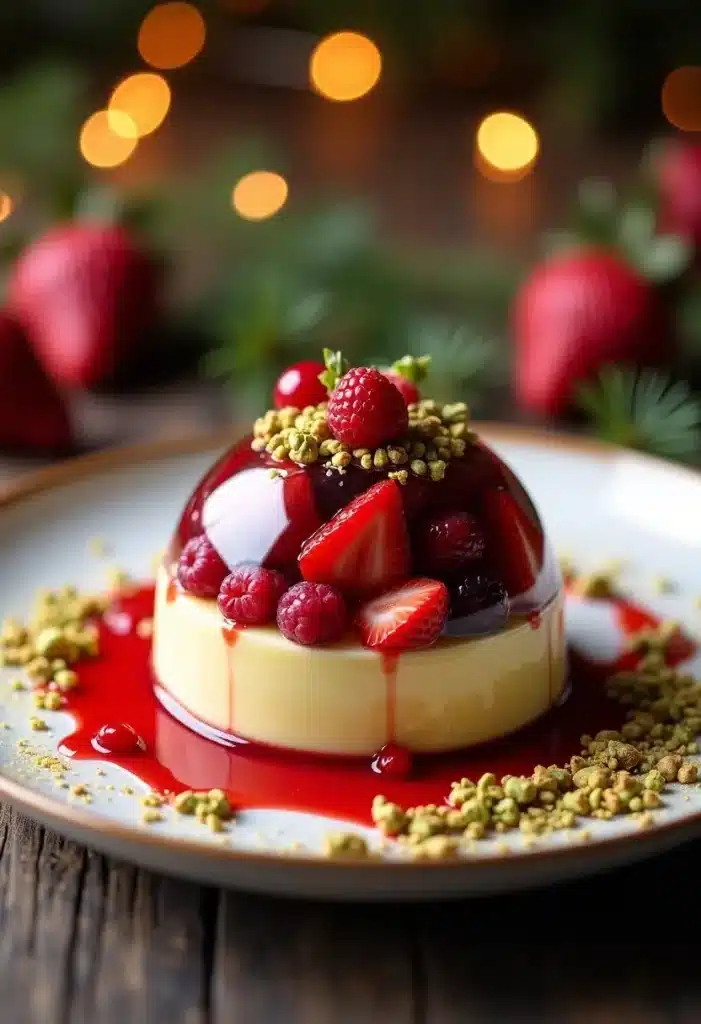 Dessert vanille fruits rouges pistaches, assiette festive.