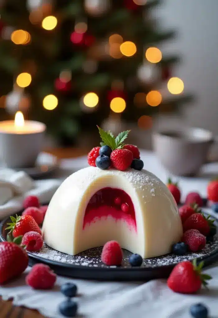 Entremets vanille aux fruits rouges avec décorations festives.