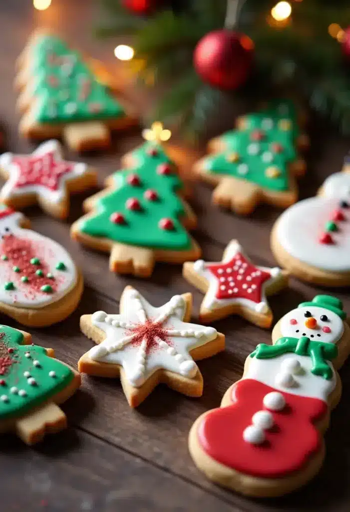 Biscuits de Noël décorés en forme de sapins et étoiles.