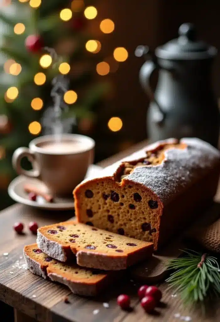 Gâteau aux cranberries et café sur table de Noël.