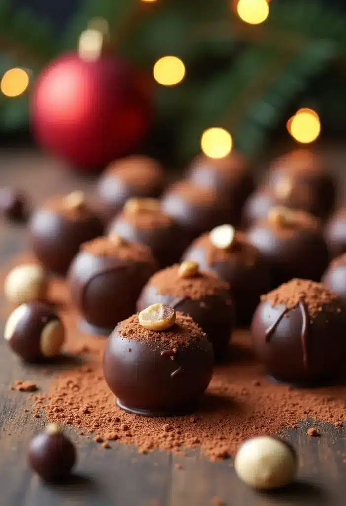 Truffes au chocolat décorées pour Noël.