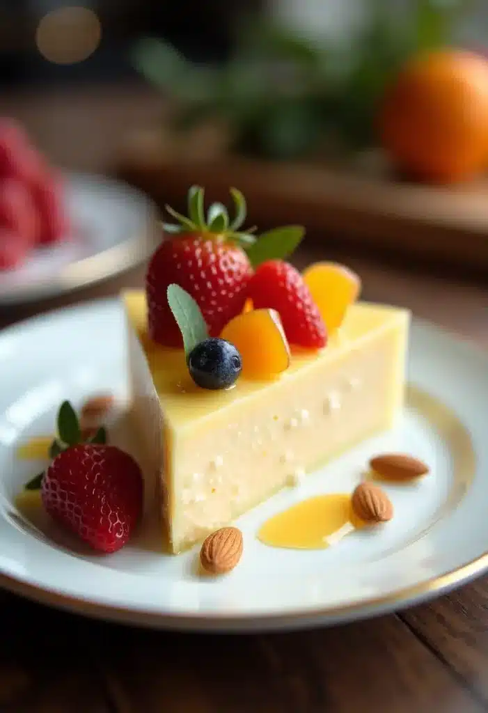 Gâteau avec fruits et amandes sur assiette.