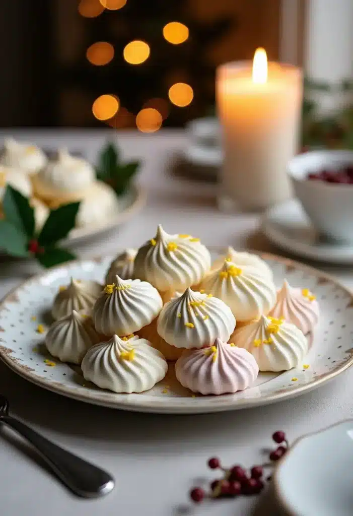 Assiette de meringues avec bougie allumée