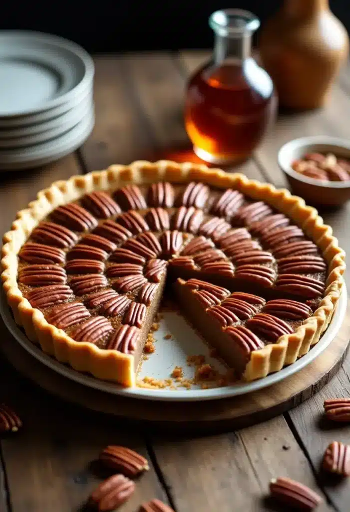 Tarte aux pacanes sur table en bois.