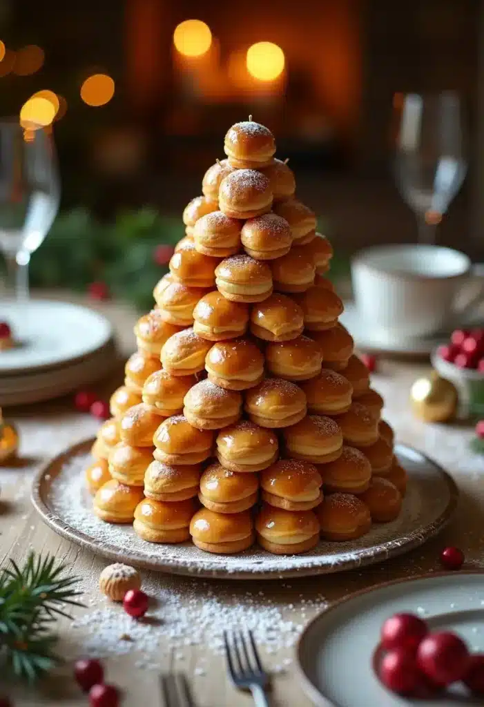 Croquembouche gourmet illuminé par des bougies.