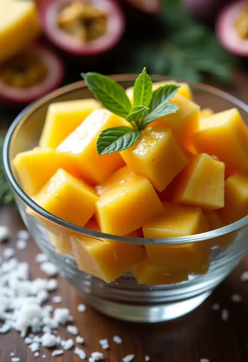Cubes de mangue frais dans un bol en verre.