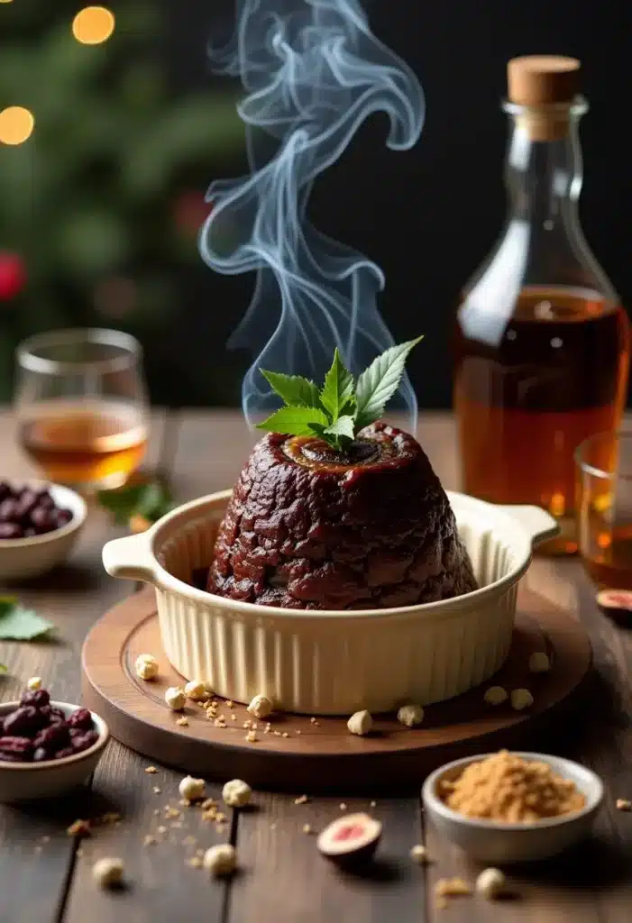 Pudding flambant avec bouteille de liqueur en arrière-plan.