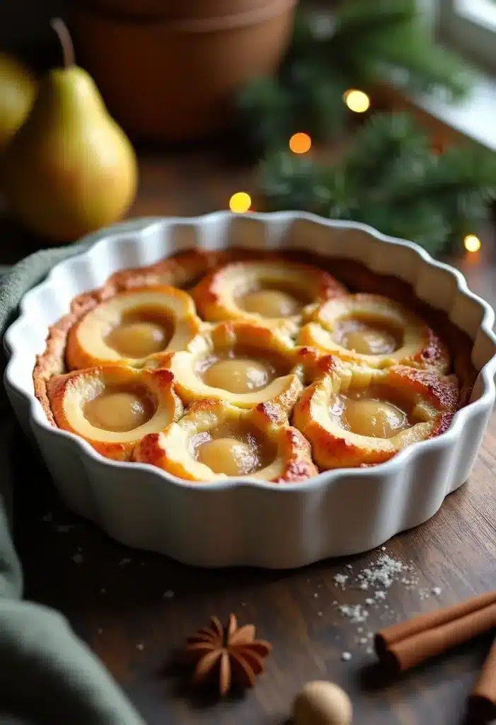 Tarte aux poires dans un plat blanc.