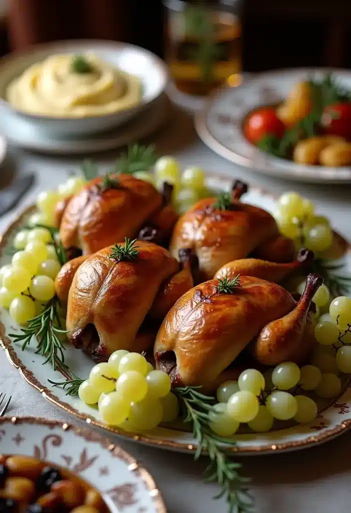 Poulets rôtis garnis de raisin et romarin.