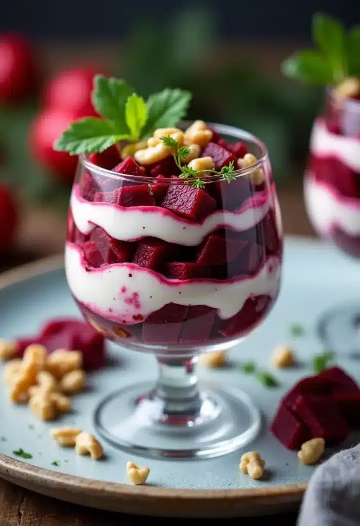 Dessert verrine betterave, fromage blanc, noix.