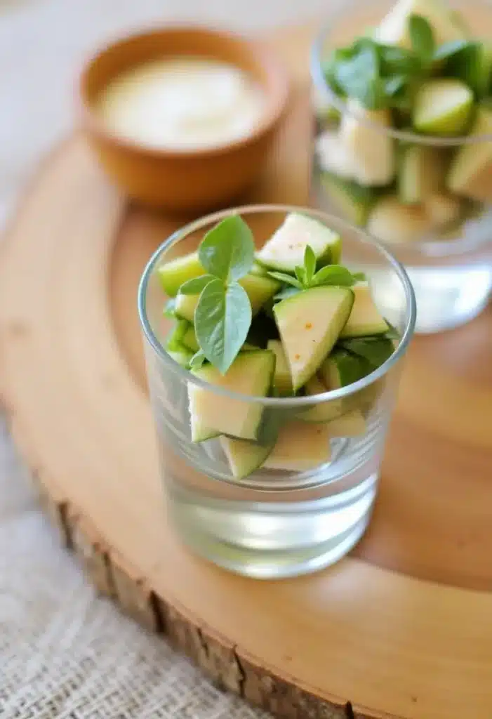 Salade de courgettes en verrine sur plateau bois.
