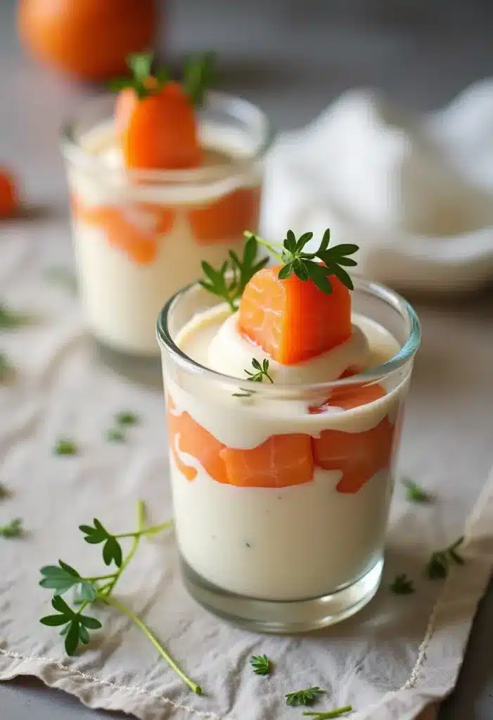 Verrines avocat saumon décorées d'herbes fraîches.