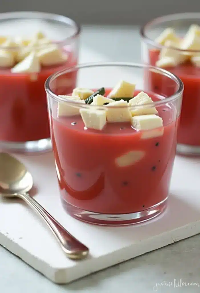 Dessert en verrine, mousse rouge et cubes blancs.