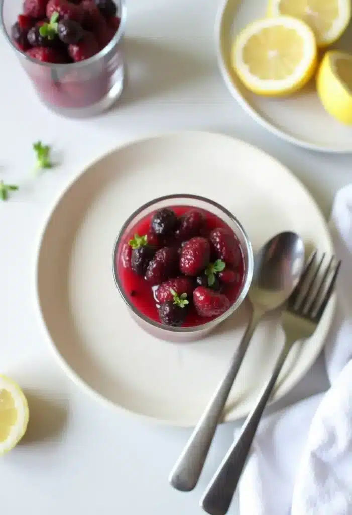 Verrine de fruits rouges avec citron et couverts.
