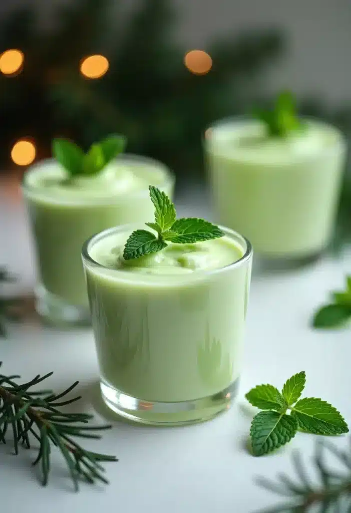 Yaourts verts décorés de menthe fraîche.
