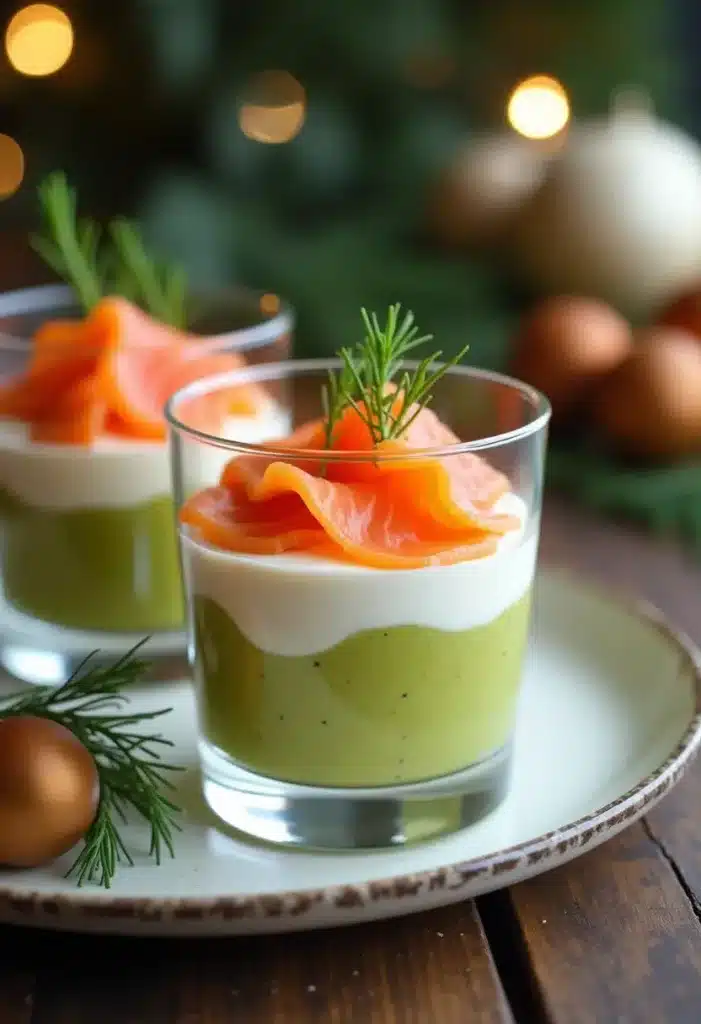 Verrines saumon, crème, purée d'avocat, décorées d'aneth.