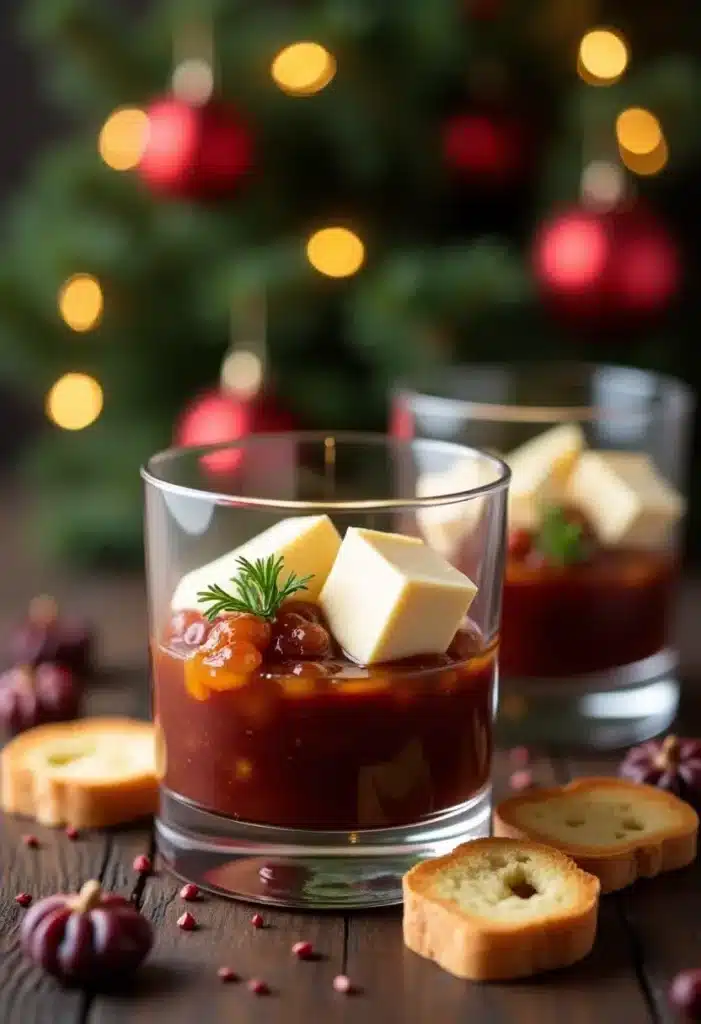 Verrines de fruits et fromage gourmandes sur table festive.