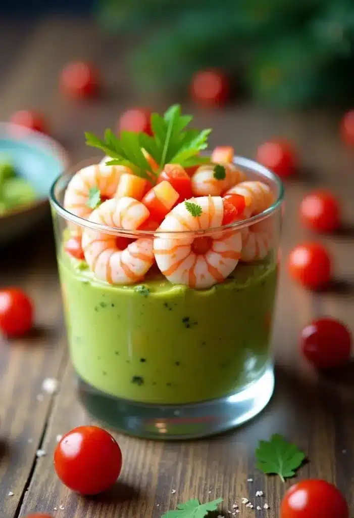 Verrine avocat crevettes tomates cerise.
