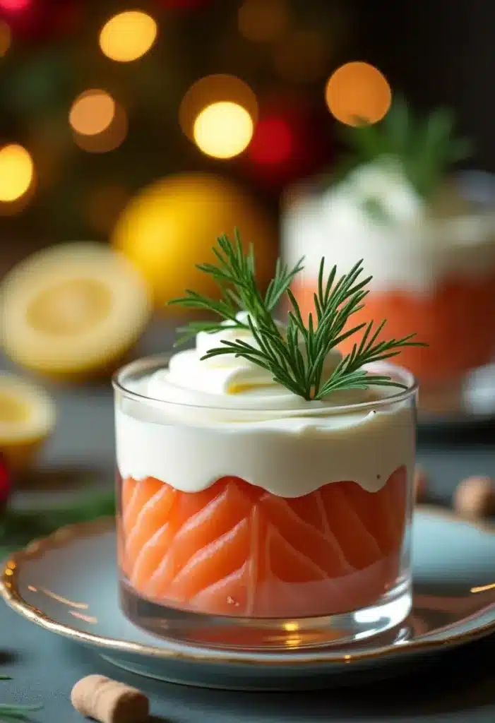 Verrine saumon fumé, crème, aneth, fond flou.