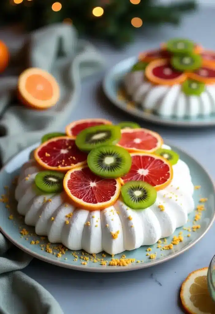 Gâteau aux agrumes et kiwis, décoratif et coloré.